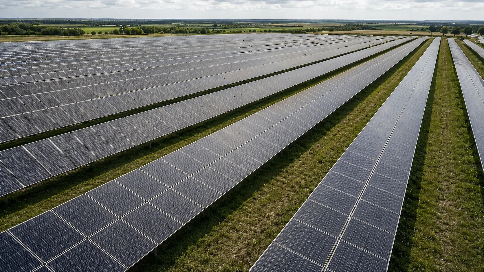 Großer Solarpark aus vielen langen Modulreihen auf einer Freifläche, im Hintergrund Felder und Bäume.