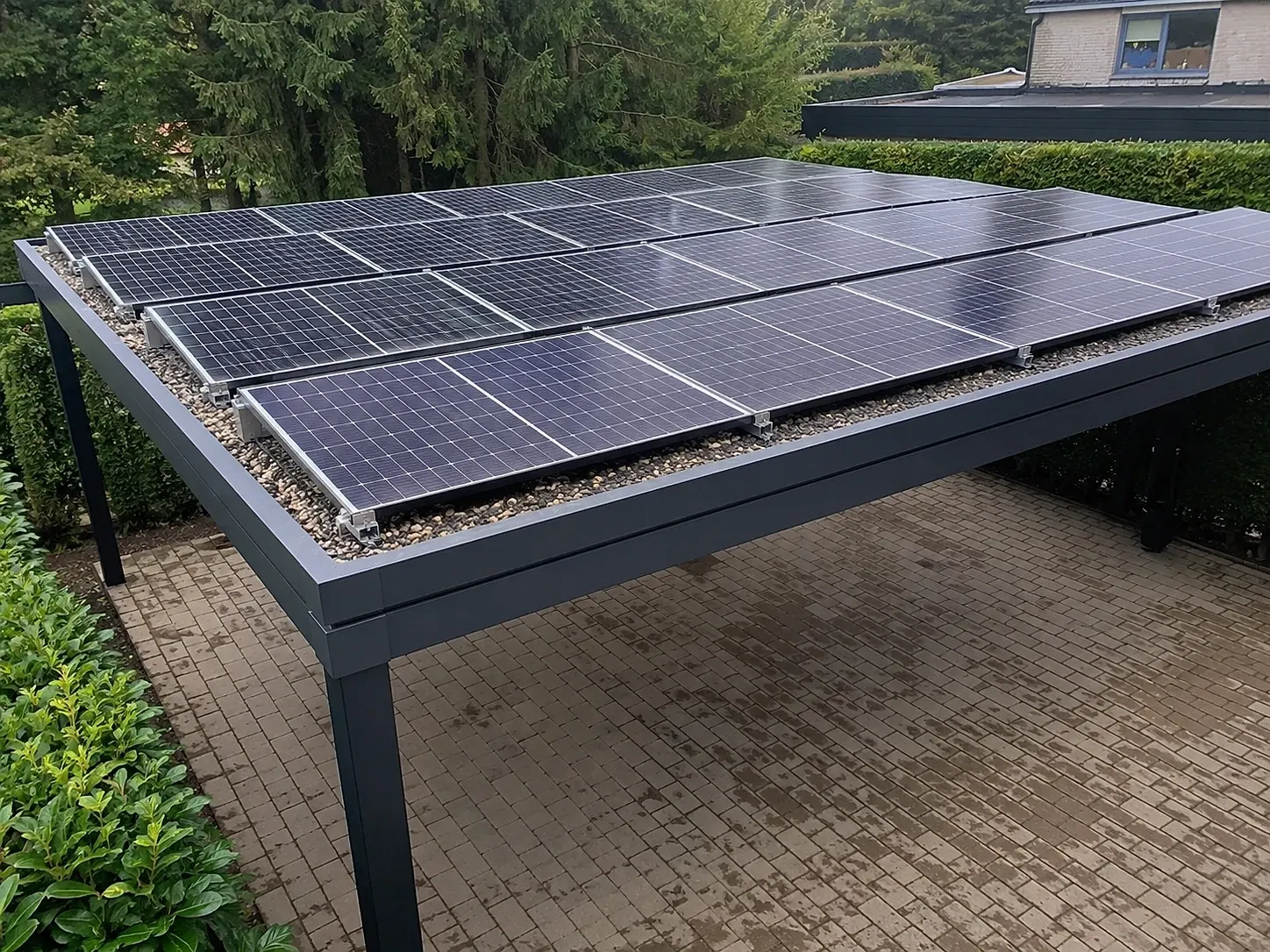 Solarmodule auf einem Carport in einem Garten, im Hintergrund Hecke und Bäume.